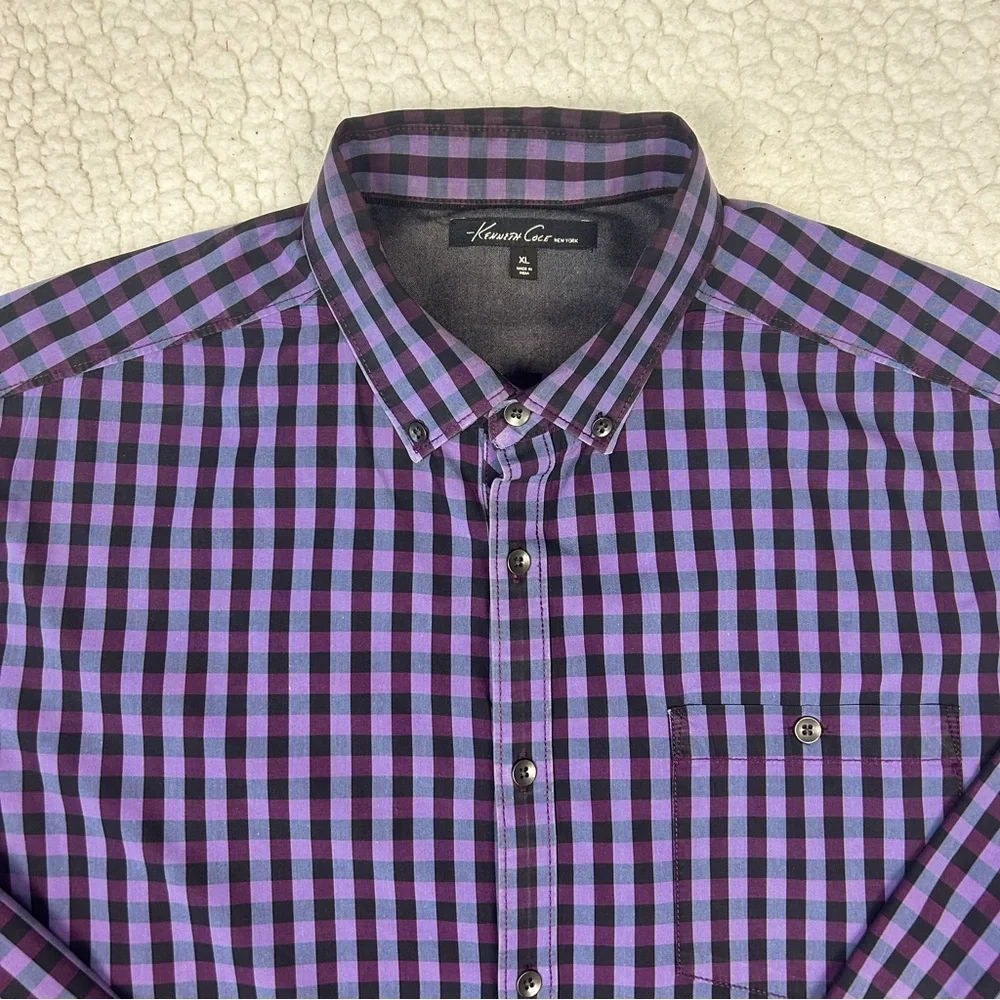 Kenneth Cole Button Down Shirt Men’s XL Purple Check Regular Fit Pocket Casual